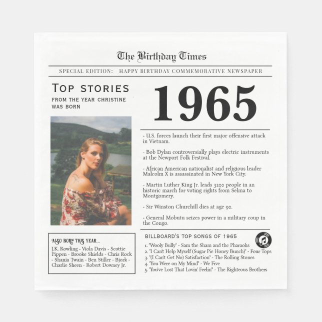 1965 Zeitung Geburtstags-Trivia  Serviette (Vorderseite)