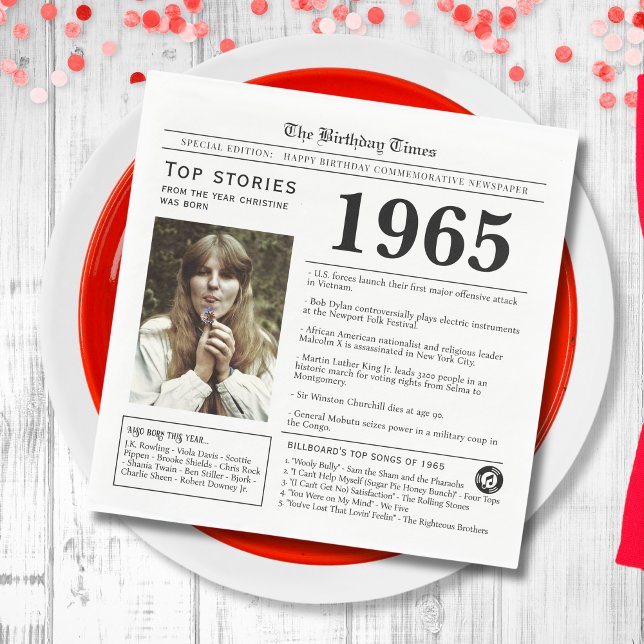 1965 Zeitung zum Geburtstag Trivia Serviette (White napkin with world news fun facts from 1965 in a newspaper design, unique personal party decor)