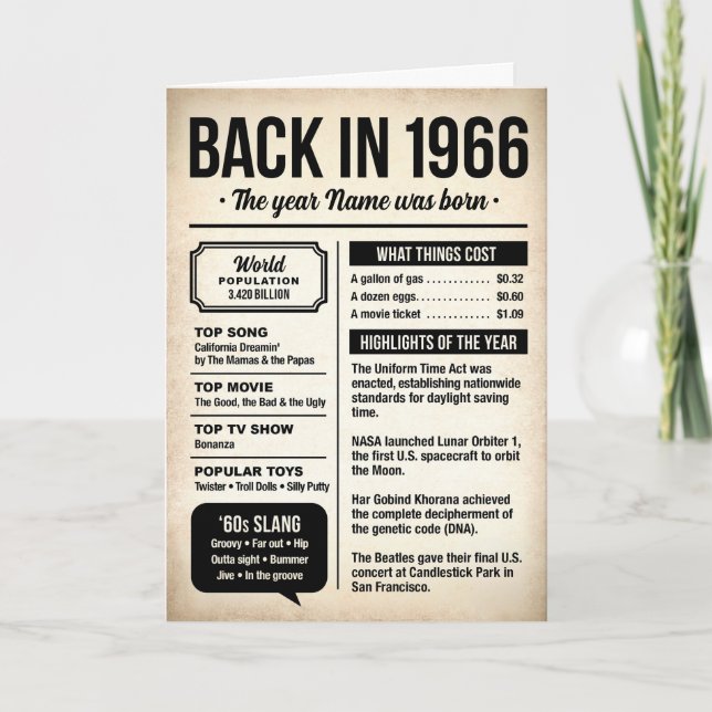 1966 Back in the Day, Fun Facts, 60th Birthday Karte (Vorderseite)