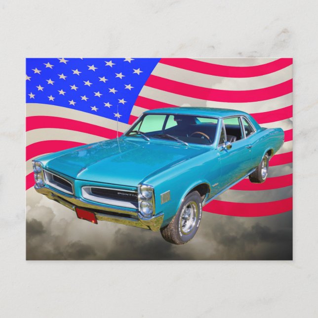 1966 Pontiac Le Mans und amerikanische Flagge Postkarte (Vorderseite)