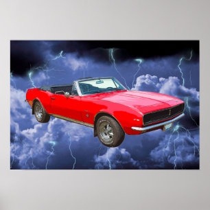 1967 rote Camaro Muscle Car and Lightning Bolts Poster