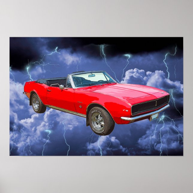 1967 rote Camaro Muscle Car and Lightning Bolts Poster (Vorne)