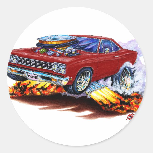 1968-69 Roadrunner Maroon Car Runder Aufkleber (Vorderseite)