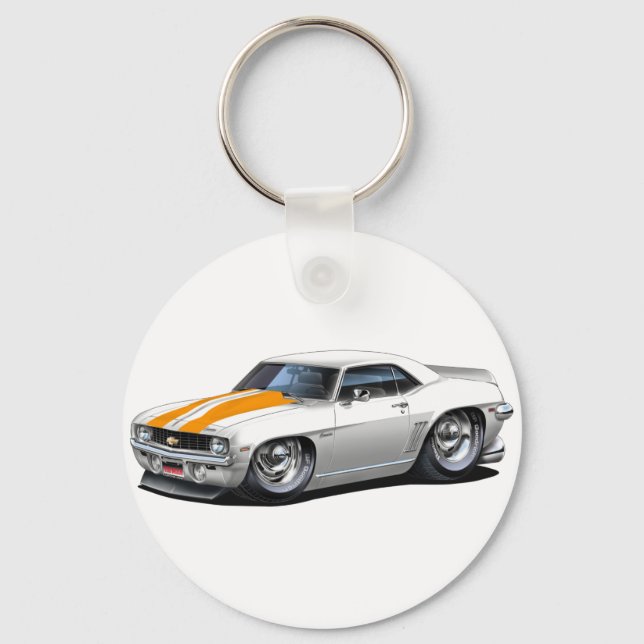 1969 Camaro SS White-Orange Car Schlüsselanhänger (Vorderseite)