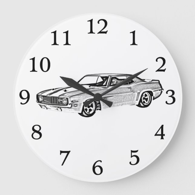 1969 Camaro Z28 Black and White Bowtie Muscle Car Große Wanduhr (Vorderseite)