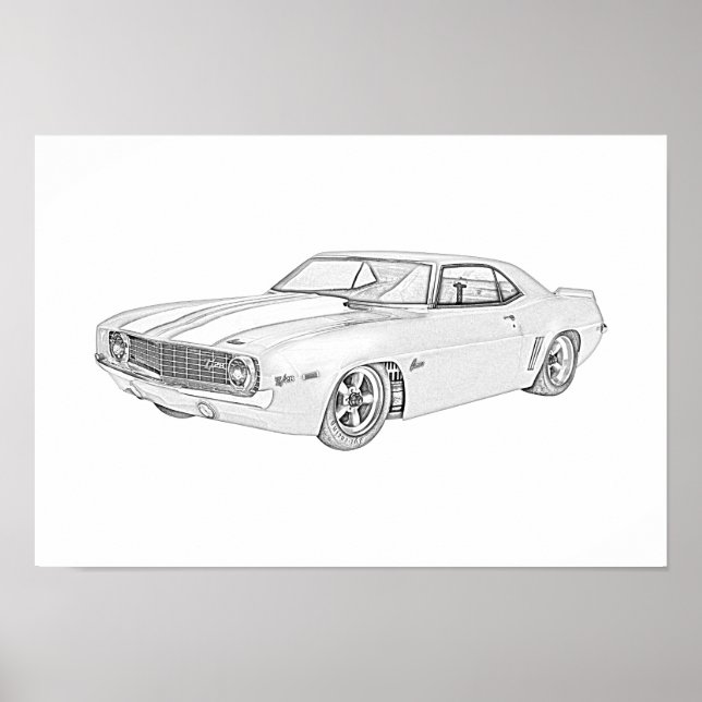 1969 Chevy Camaro Stift Schwarz und Weiß Poster (Vorne)