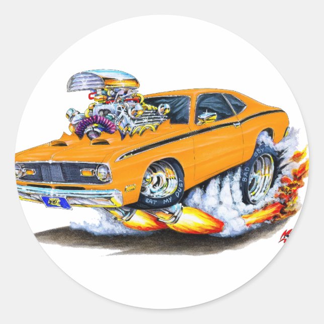 1970-74 Plymouth Duster Orange Car Runder Aufkleber (Vorderseite)