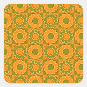 1970er Flower-Power Orange und Olivgrün Retro Quadratischer Aufkleber
