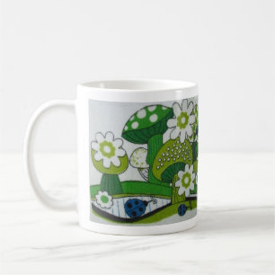 1970er GRÜNE Pilze mit blauen Marienkäfern Kaffeetasse