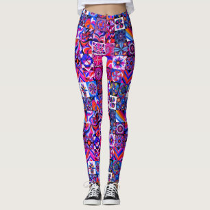 1970er Jahre Blau+Lila Muster Retro-Stil Benutzerd Leggings