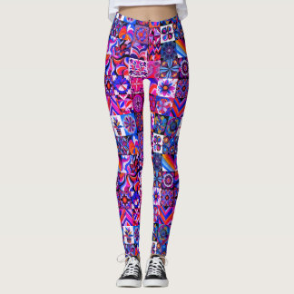 1970er Jahre Blau+Lila Muster Retro-Stil Benutzerd Leggings