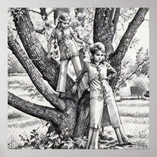 1970er Mädchen Schwestern spielen in Baum Kunst Ze Poster