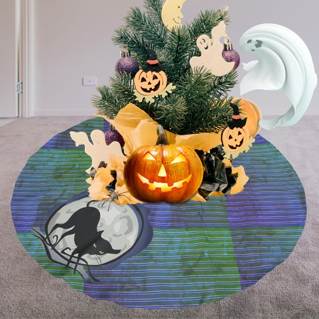 1974 Style Black Cat und Vollmond Blue Green Polyester Weihnachtsbaumdecke (1974 Style Black Cat and Full Moon Blue Green Brushed Polyester Tree Skirt)