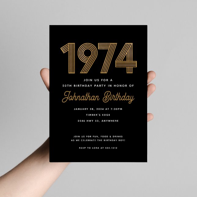 1974 White Black Gold 50th Birthday Invitation  Einladung (Von Creator hochgeladen)