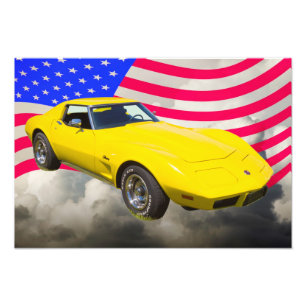 1975 Corvette Stingray mit amerikanischer Flagge Fotodruck
