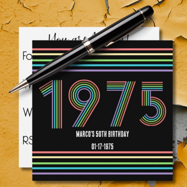 1975 Retro Vintager Regenbogen 50. Geburtstag Schw Einladung (Von Creator hochgeladen)