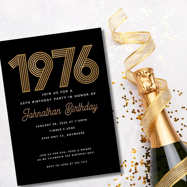 1976 Black and Faux Gold 50th Birthday Invitation  Einladung (1976 Black and Faux Gold 50th Birthday Invitation)