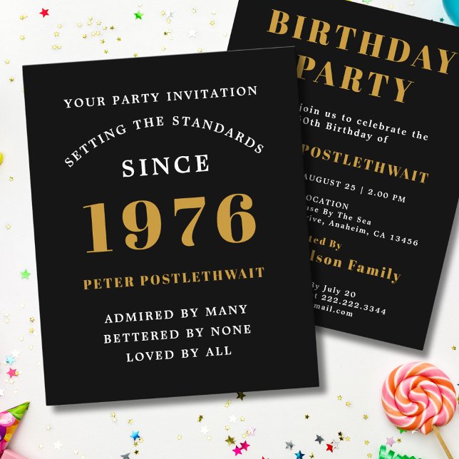 1976 Budget 50th Birthday Invitation Black Gold Flyer (1976 birthday budget invitation. White background.)