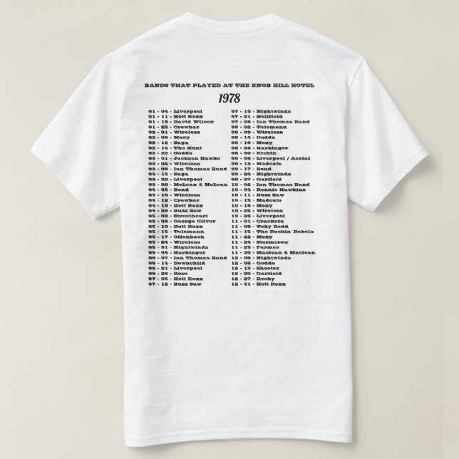 1978 - BANDS, DIE DAS KNOB HILL HOTEL SPIELEN T-Shirt (Design Rückseite)