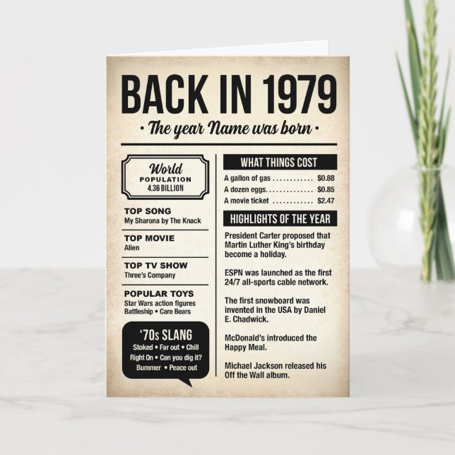 1979 Back in the Day, Fun Facts Birthday Card Karte (Vorderseite)