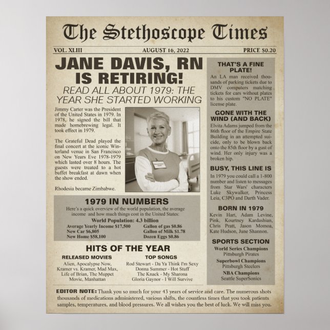 1979 Stethoscope Times for Nurse Retirement Party Poster (Vorne)