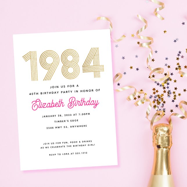 1984 Hot Pink White Gold 40th Birthday Invitation  Einladung (Von Creator hochgeladen)