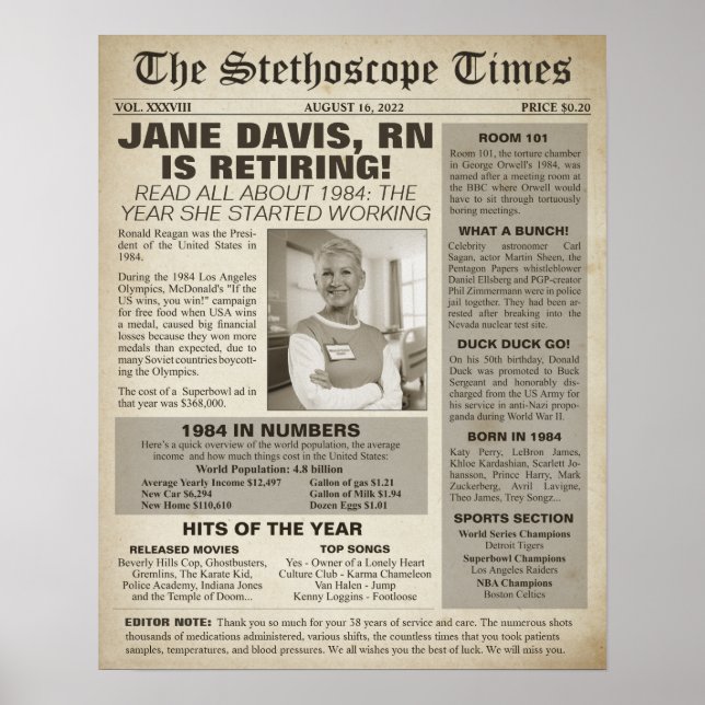 1984 Stethoscope Times for Nurse Retirement Party Poster (Vorne)