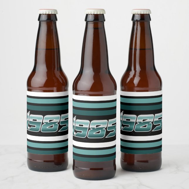 1985 Retro Stripe Aquamarin Bierflaschenetikett (Flaschen)