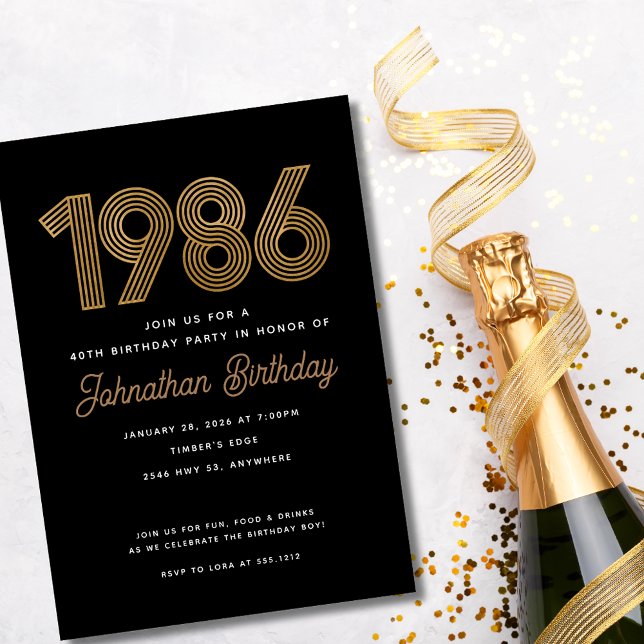 1986 Black and Faux Gold 40th Birthday Invitation  Einladung (1986 Black and Gold 40th Birthday Invitation)