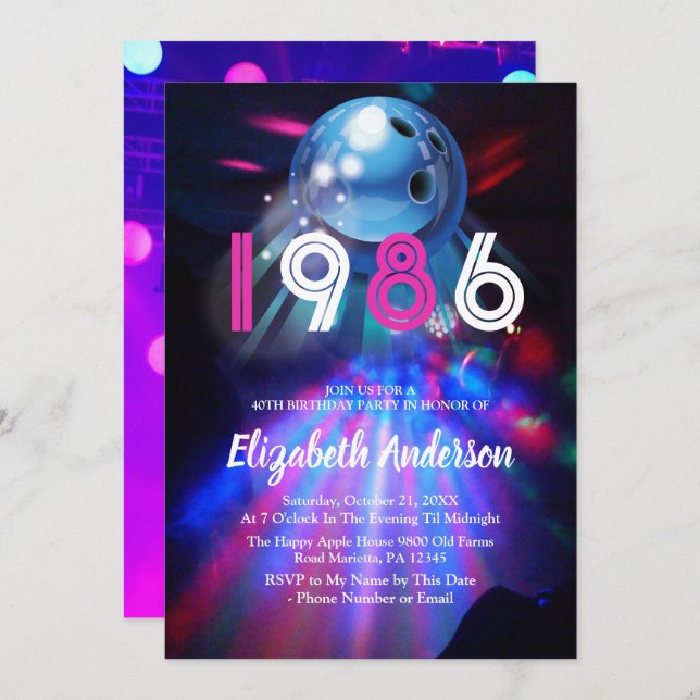 1986 Disco Bowling  40th Birthday Party Invitation Einladung (Vorne/Hinten)