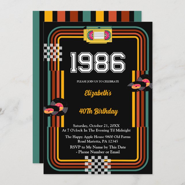 1986 Retro Cassette Disco 40th Birthday Einladung (Vorne/Hinten)