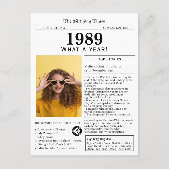 1989 Zeitung zum Geburtstag  Postkarte (Vorderseite)