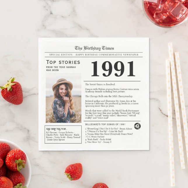 1991 Zeitung zum Geburtstag Trivia Serviette (Beispiel)