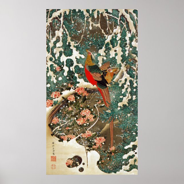 19. 雪 中 錦 図, 若 冲 Pheasant im Schnee, Jakuchu Poster (Vorne)