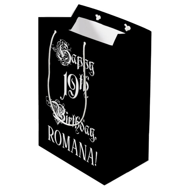 19. Geburtstag: Extravagant, elegant, Script + Ind Mittlere Geschenktüte (Rückseite Schrägansicht)