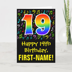 19. Geburtstag: Farbige Musiksymbole + Regenbogen  Karte