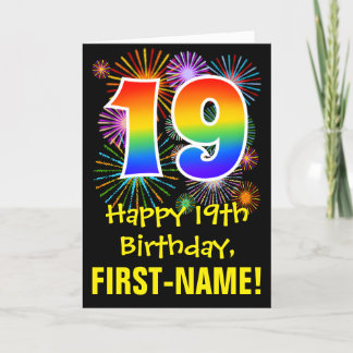 19. Geburtstag: Fun Fireworks Pattern + Regenbogen Karte