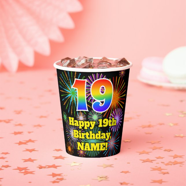 19. Geburtstag: Fun Fireworks Pattern + Regenbogen Pappbecher (Insitu)