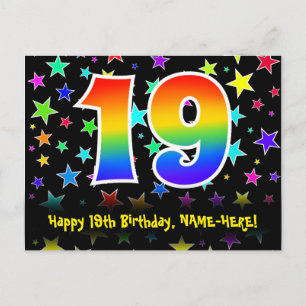 19. Geburtstag: Fun Stars Pattern, Regenbogen 19, Postkarte