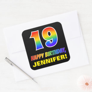 19. Geburtstag: kühl, Spaß, einfach, Regenbogen  Quadratischer Aufkleber
