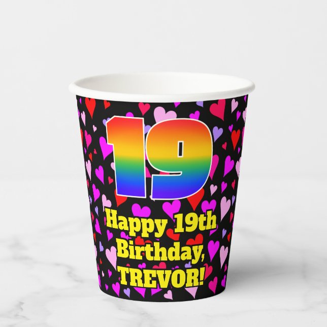 19. Geburtstag: Loving Hearts Pattern, Regenbogen  Pappbecher (Vorderseite)