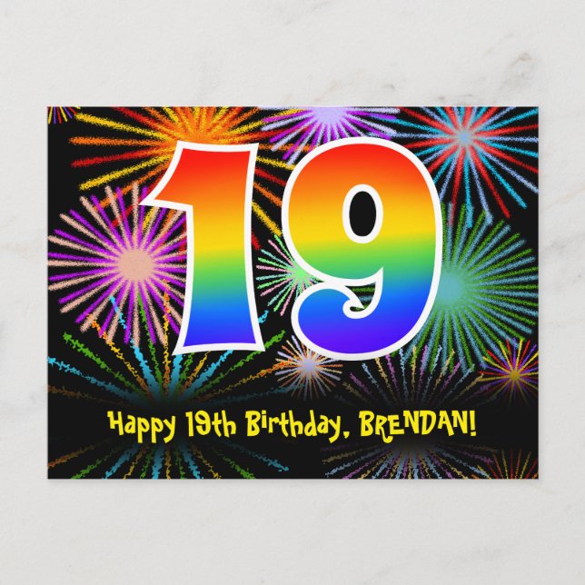 19. Geburtstag – Lustiges Feuerwerk Muster + Regen Postkarte (Vorderseite)