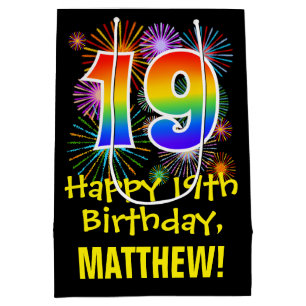 19. Geburtstag: Lustiges Feuerwerk-Muster + Regenb Mittlere Geschenktüte