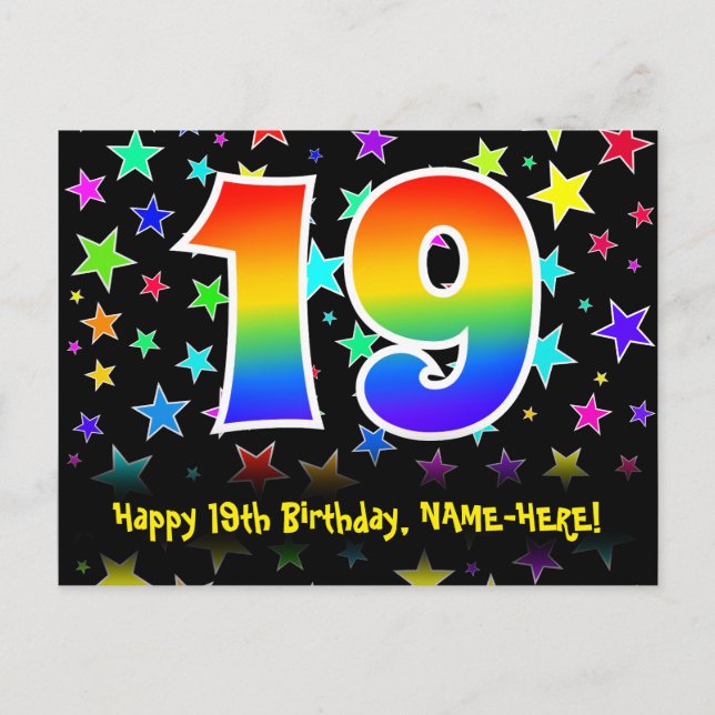 19. Geburtstag: Lustiges Sterne-Muster, Regenbogen Postkarte (Vorderseite)