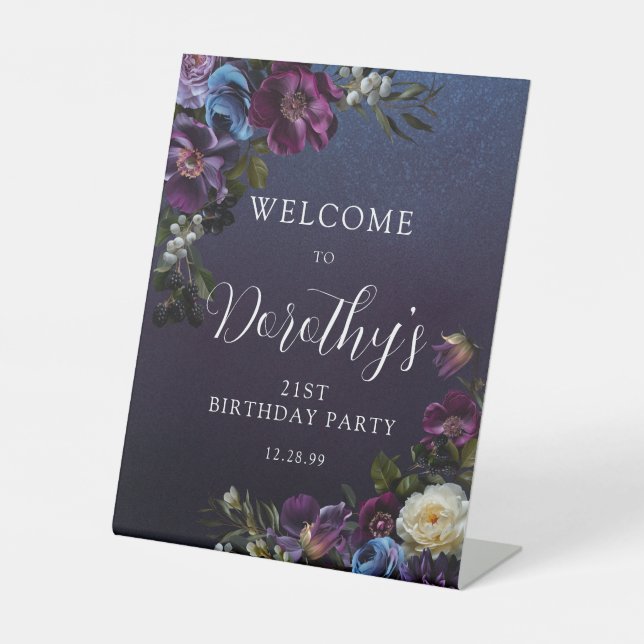 19. Geburtstag Moody Purple Blumen Custom Willkomm Sockelschild (Vorderseite)