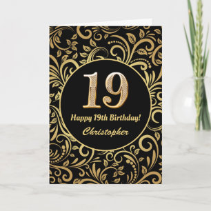 19. Geburtstag Schwarz-Gold-Blütenmuster Karte