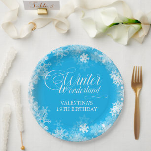 19. Geburtstag Winterwonderland Schneeflocke Blau Pappteller
