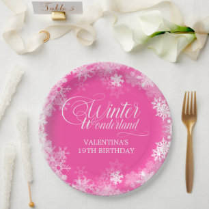 19. Geburtstag Winterwonderland Schneeflocke Rosa Pappteller