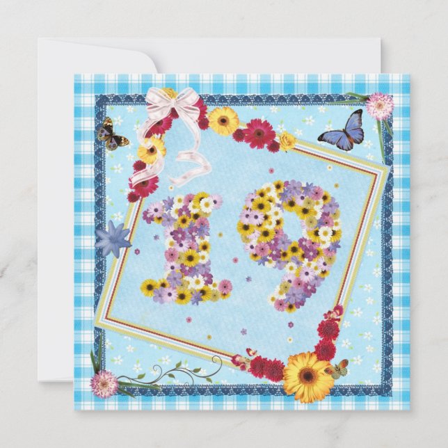 19. Geburtstagsparty Einladung Blume, Schmetterlin (Vorderseite)