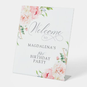 19. Geburtstagsparty Elegant Rosa Blumen Willkomme Sockelschild